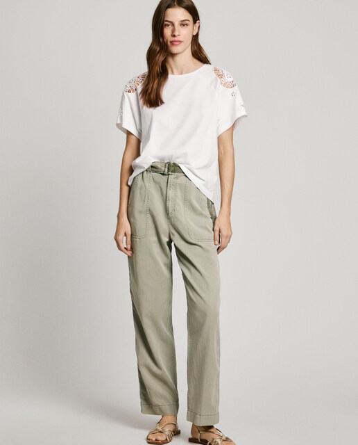 Pantalón recto de mujer paper bag en sarga