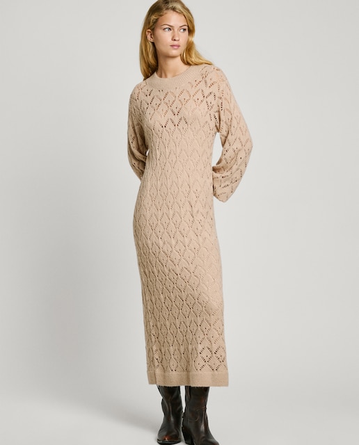 Vestido midi punto calado con cuello redondo