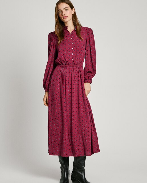 Vestido largo con manga abullonada y cintura elástica