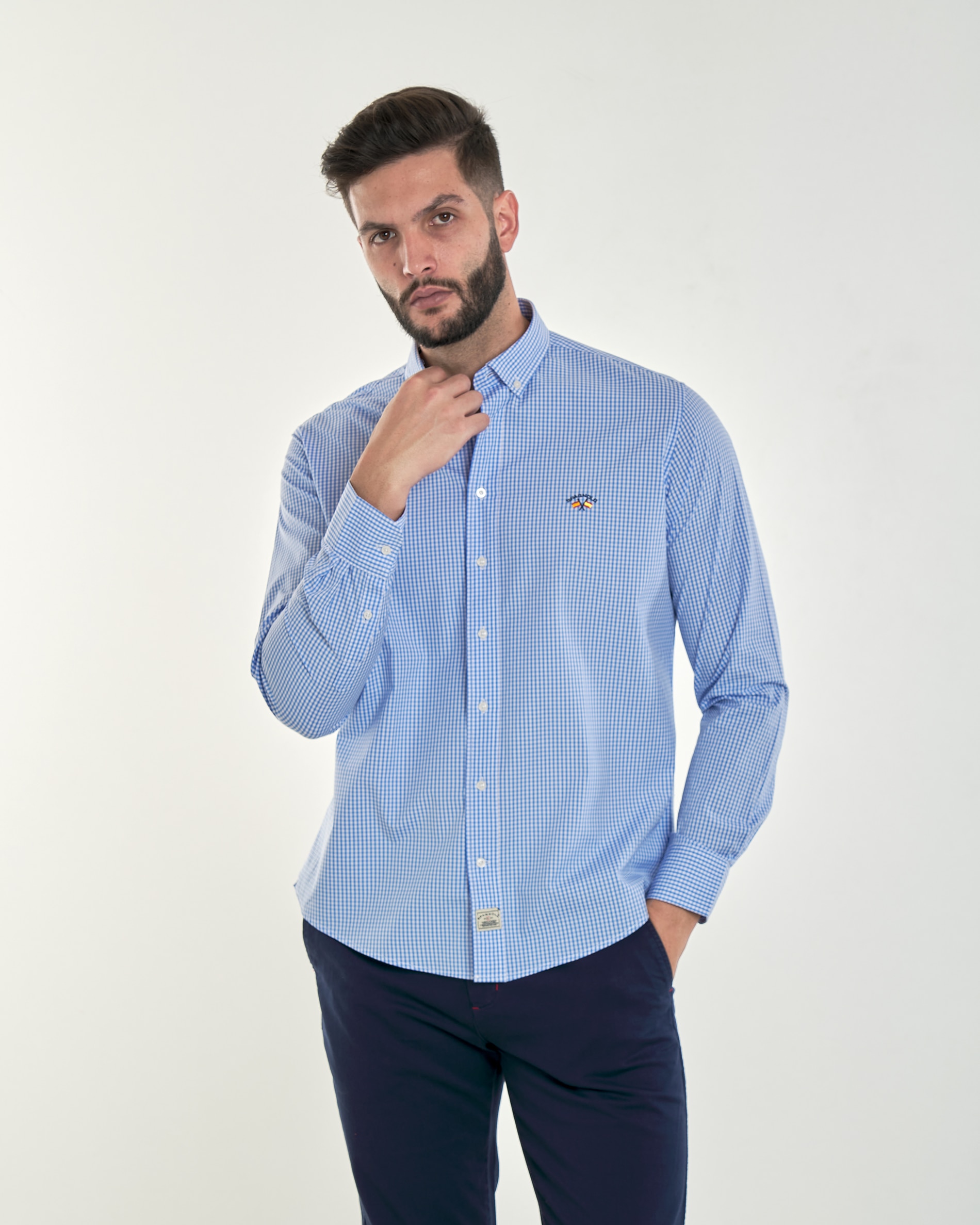 Spagnolo - Camisa popelín de hombre corte regular estampado cuadros vichy color azul claro.