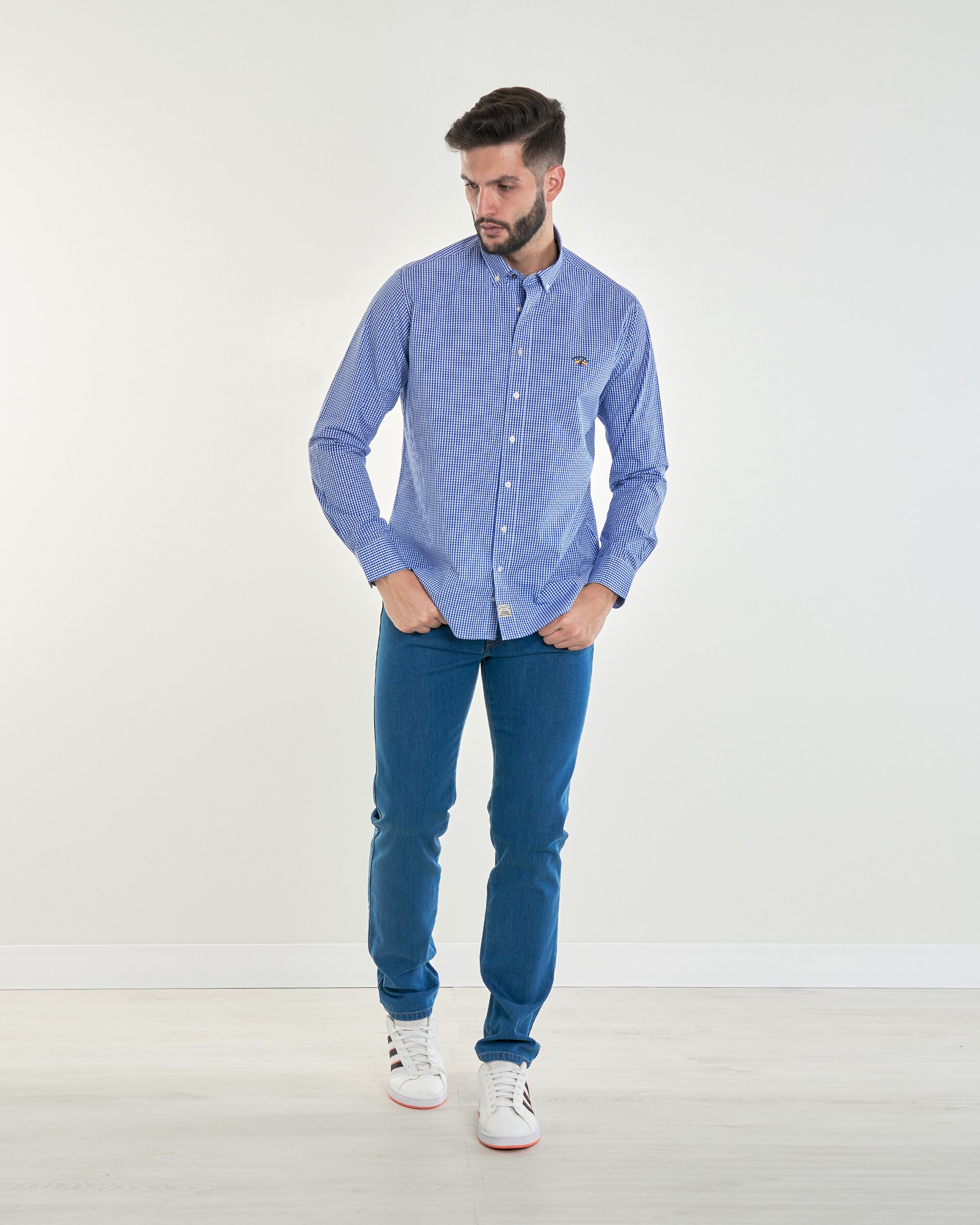 Camisa popelín de hombre corte regular cuadros colección bandera - Spagnolo - Blanco / Azul Blanco / Azul-4