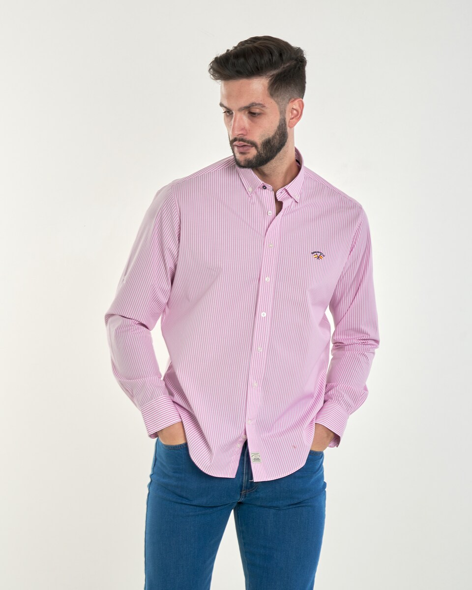 Camisa popelín de hombre corte regular estampado rayas rosa
