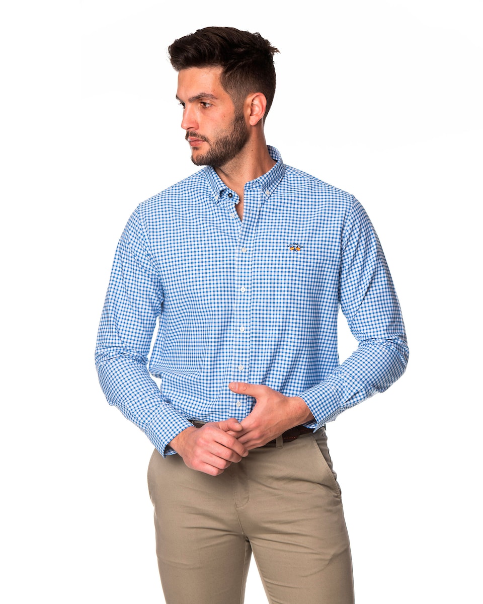 Camisa de hombre corte regular estampado cuadros vichy color azul