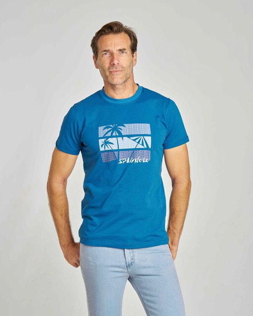 Imagen 0 de Camiseta de hombre color azul estampado playa de manga corta