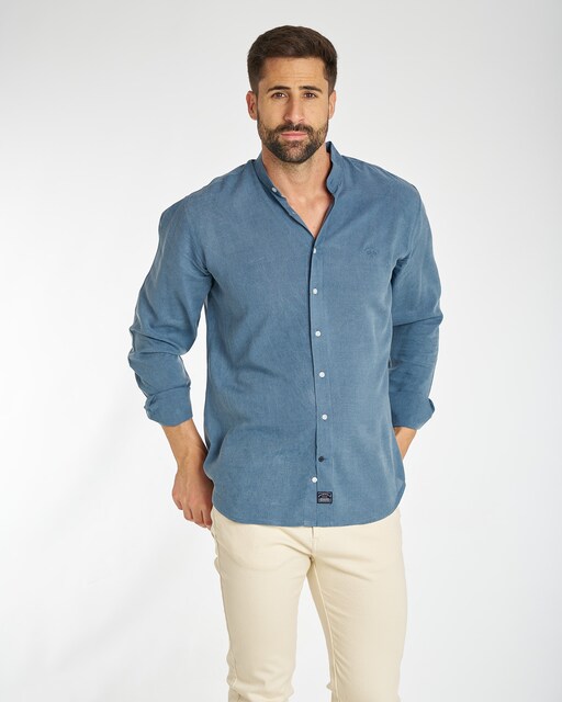 Imagen 0 de Camisa de lino de hombre corte regular liso color azul marino