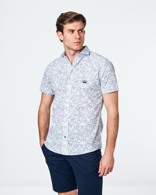 Imagen 0 de Camisa popelín de hombre corte slim estampado hojas azul marino