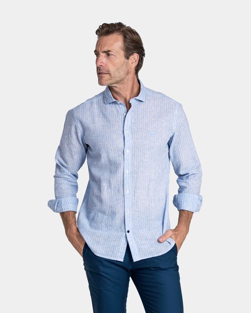 Imagen 0 de Camisa de hombre corte slim estampado rayas color azul claro