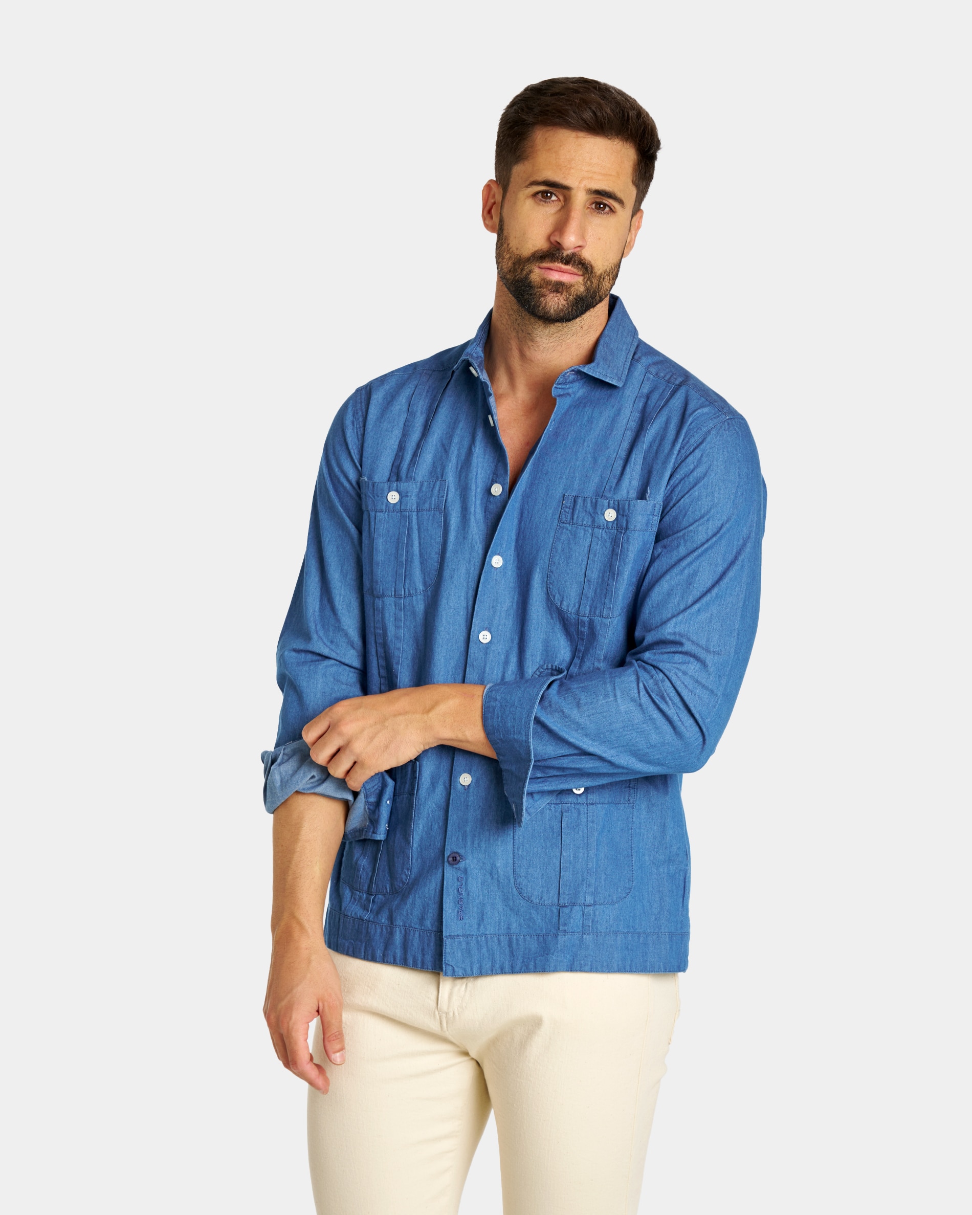 Guayabera denim de hombre corte regular liso azul Spagnolo El Corte Ingles