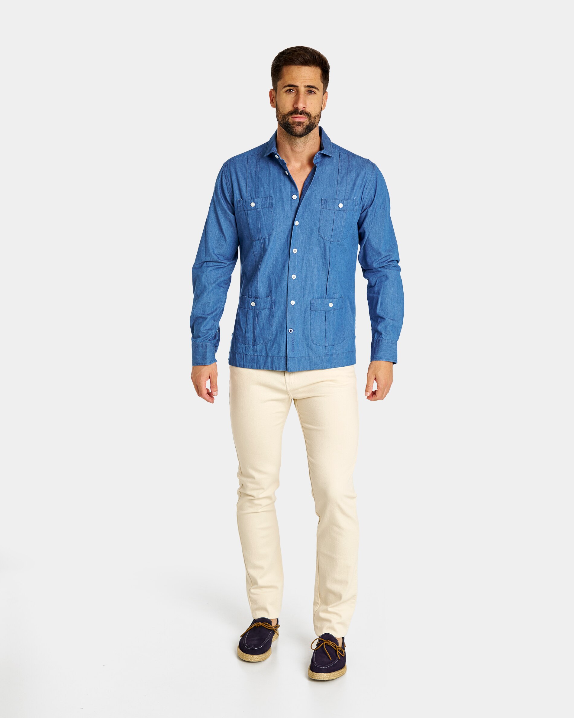 Guayabera denim de hombre corte regular liso azul Spagnolo El Corte Ingles