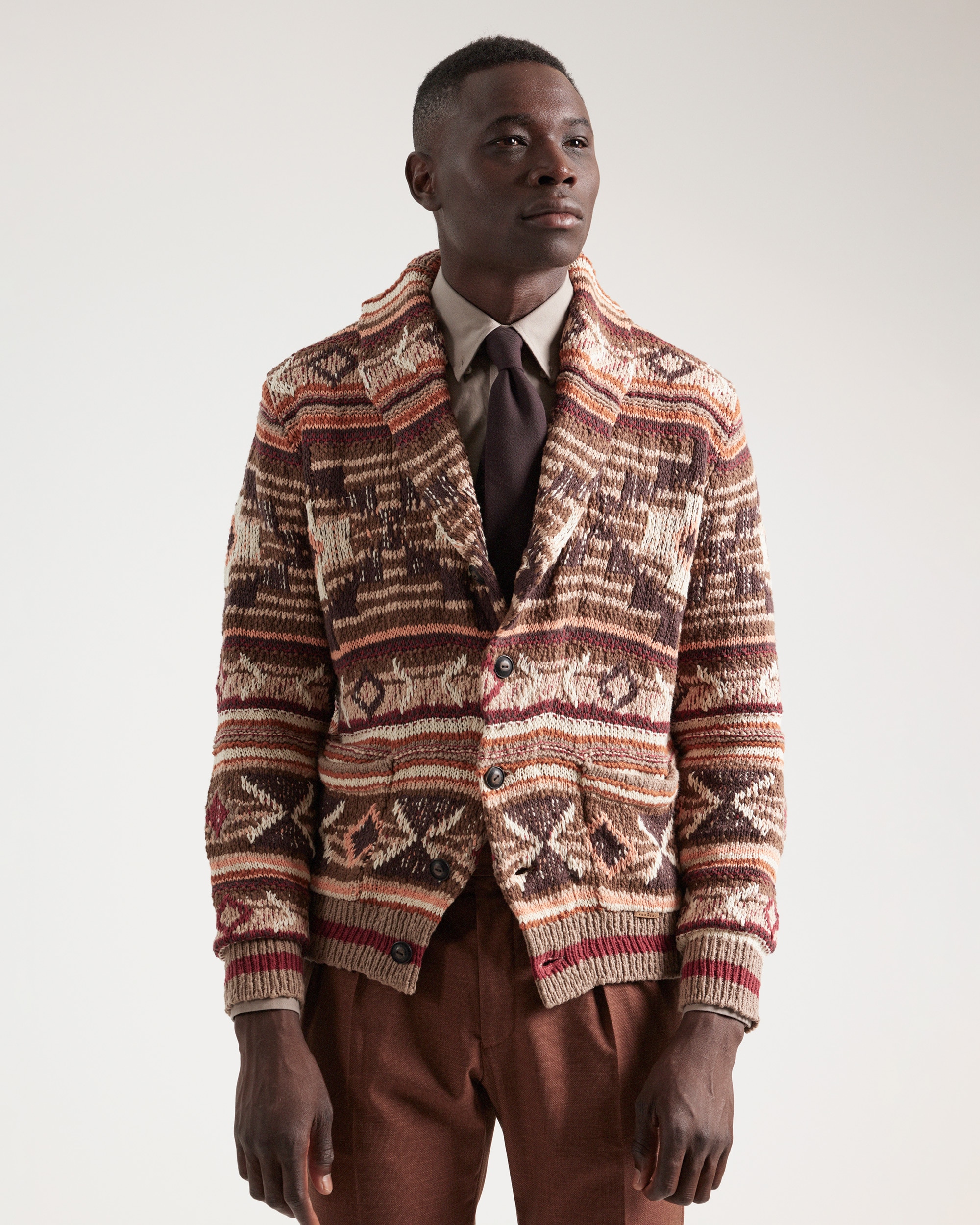 Cardigan de hombre shawl jacquard tostado