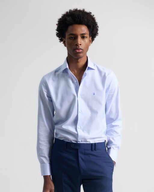 Imagen 0 de Camisa vestir de rayas de hombre puño gemelo azul celeste