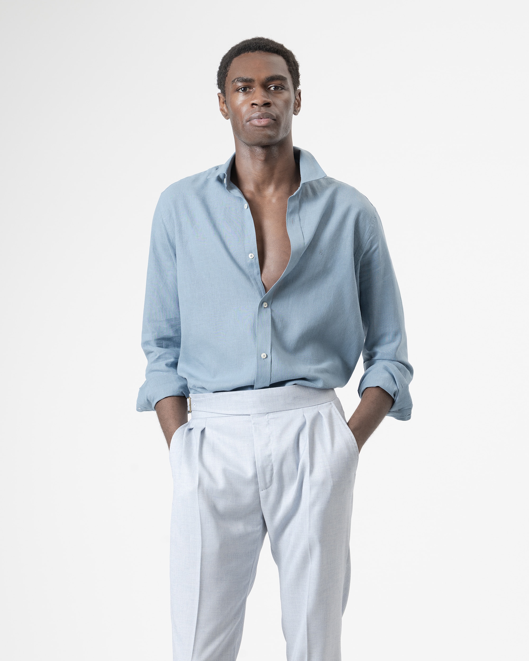 Imagen 0 de Camisa lisa lino algodón de hombre Azul porcelana