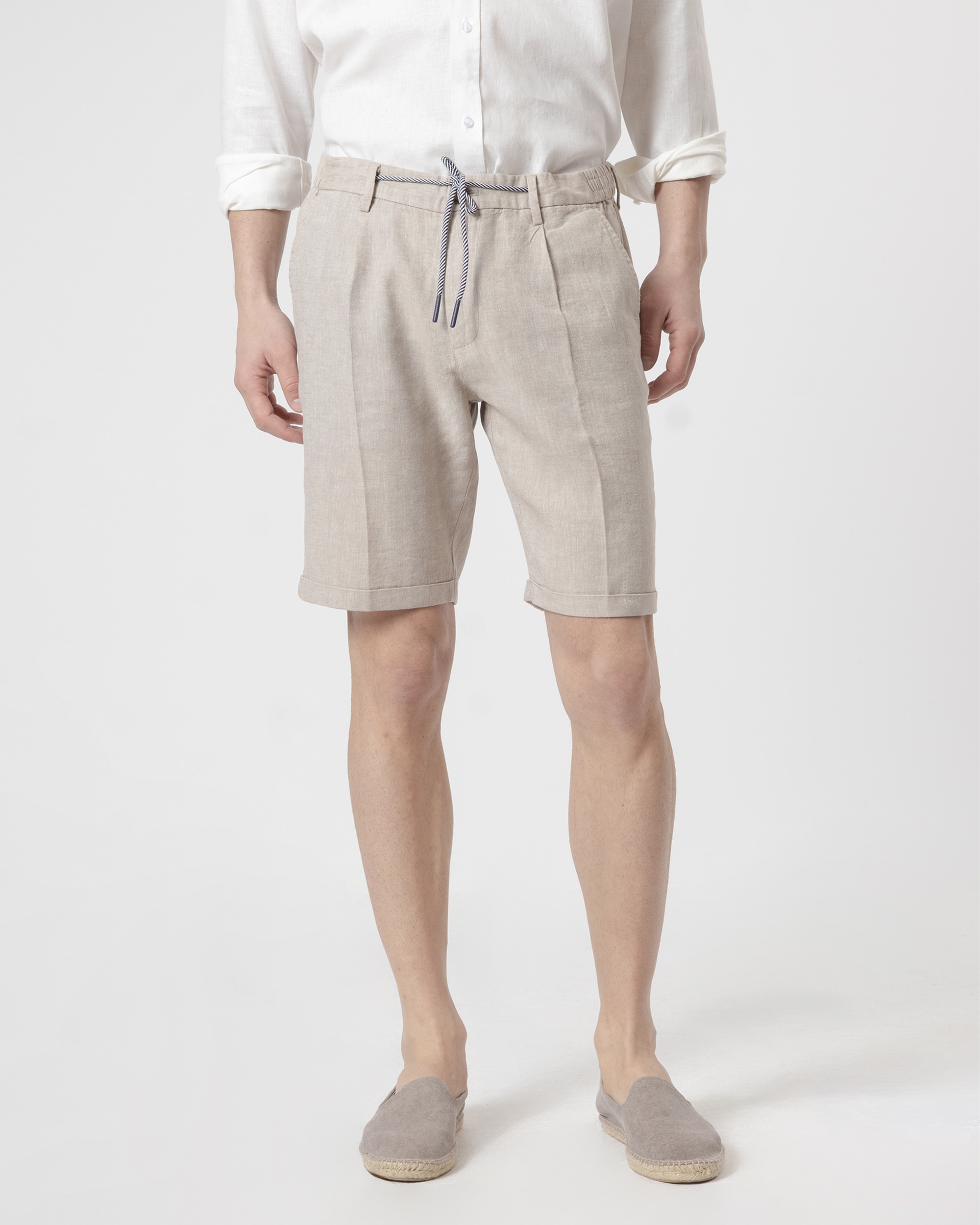 Bermuda espiga de hombre lino algodón slim fit - PuroEgo - Azul Marrón claro-2