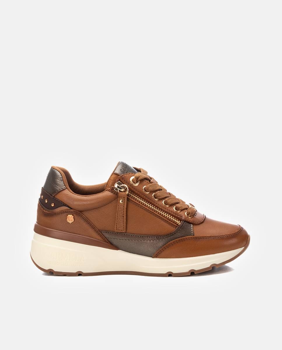 Zapatilla de mujer de piel con cordones - Carmela - Camel Camel-1