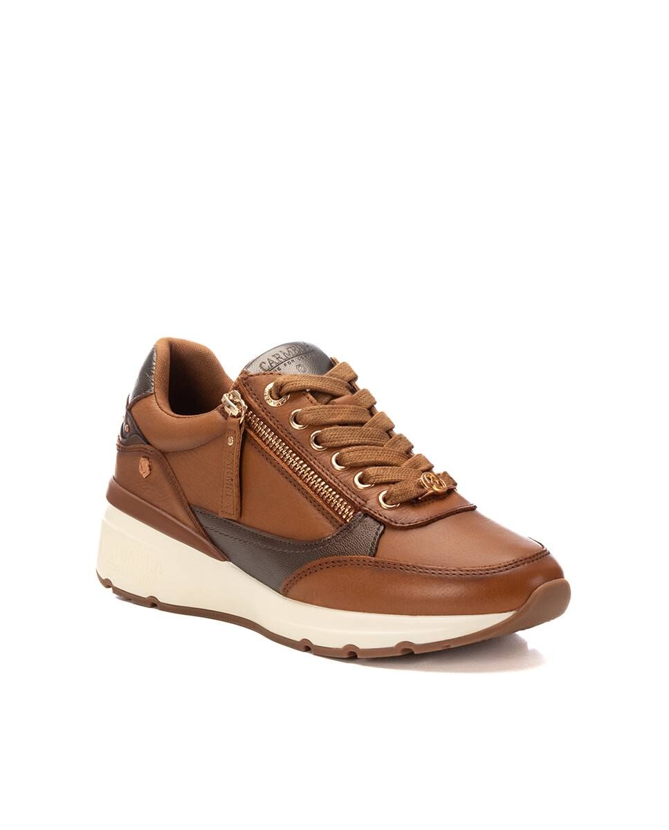 Zapatilla de mujer de piel con cordones - Carmela - Camel Camel-3
