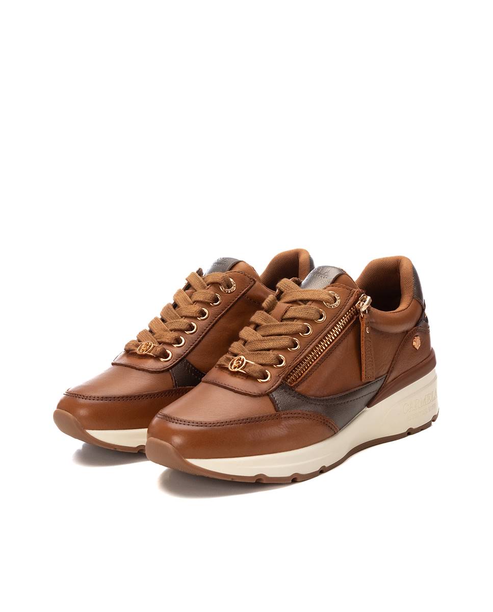Zapatilla de mujer de piel con cordones - Carmela - Camel Camel-5