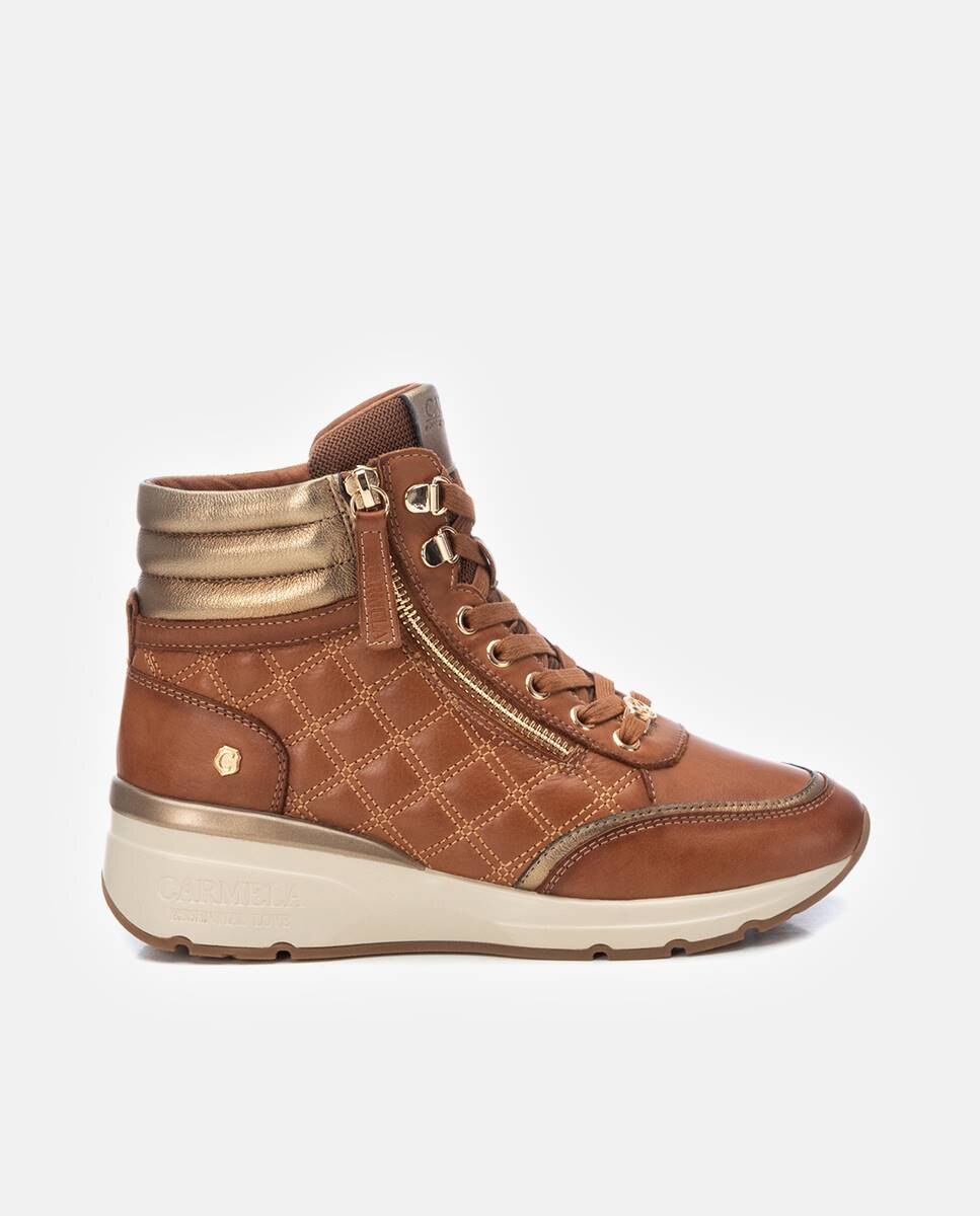 Botines de mujer de piel con cuña y cordones - Carmela - Camel Camel-1