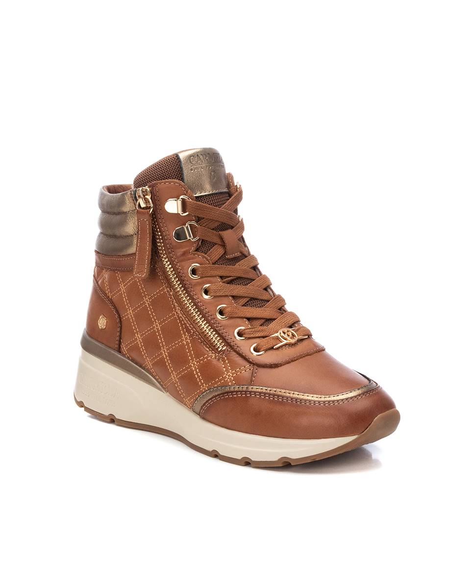Botines de mujer de piel con cuña y cordones - Carmela - Camel Camel-3