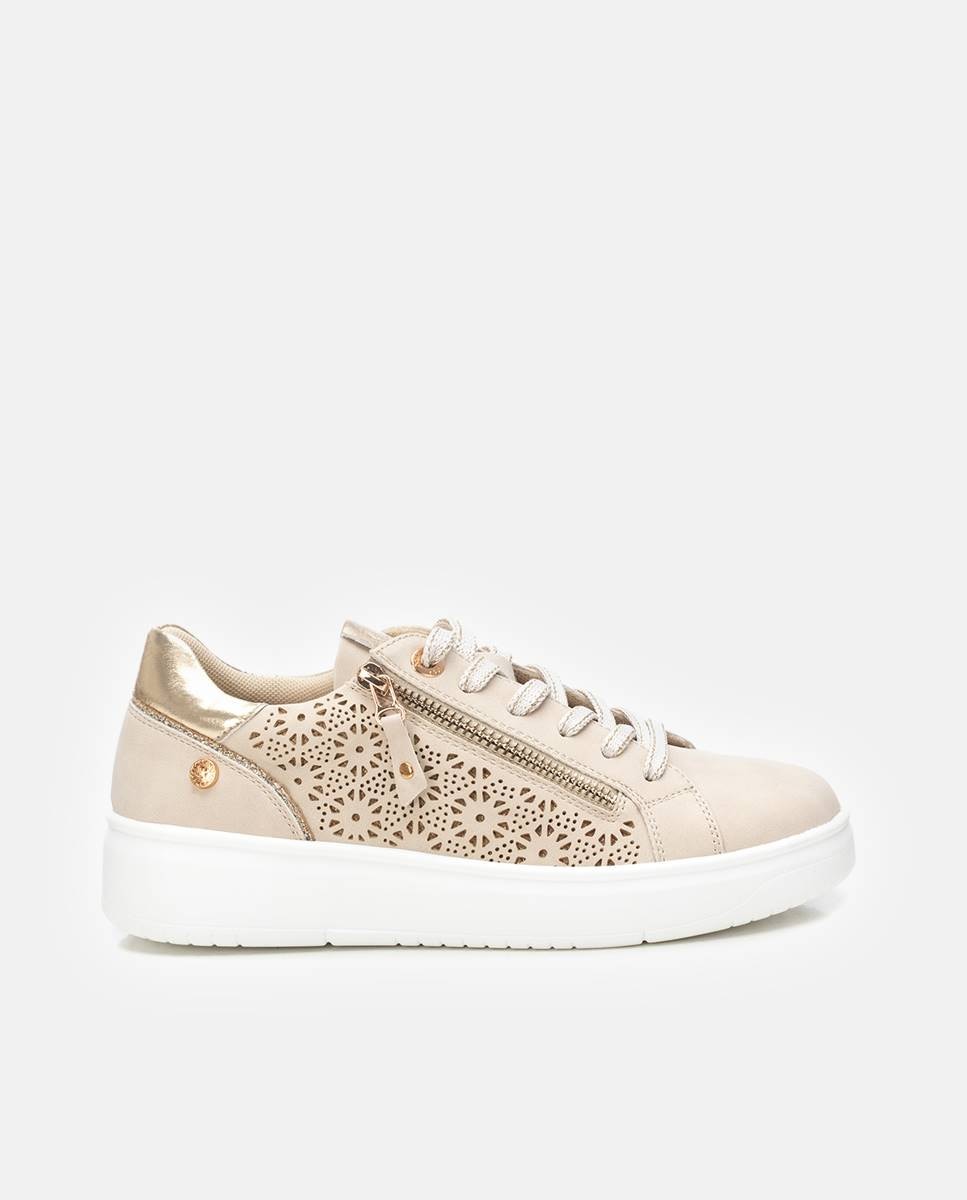 Zapatillas de mujer con cordones y cremallera lateral - Beige Beige-1