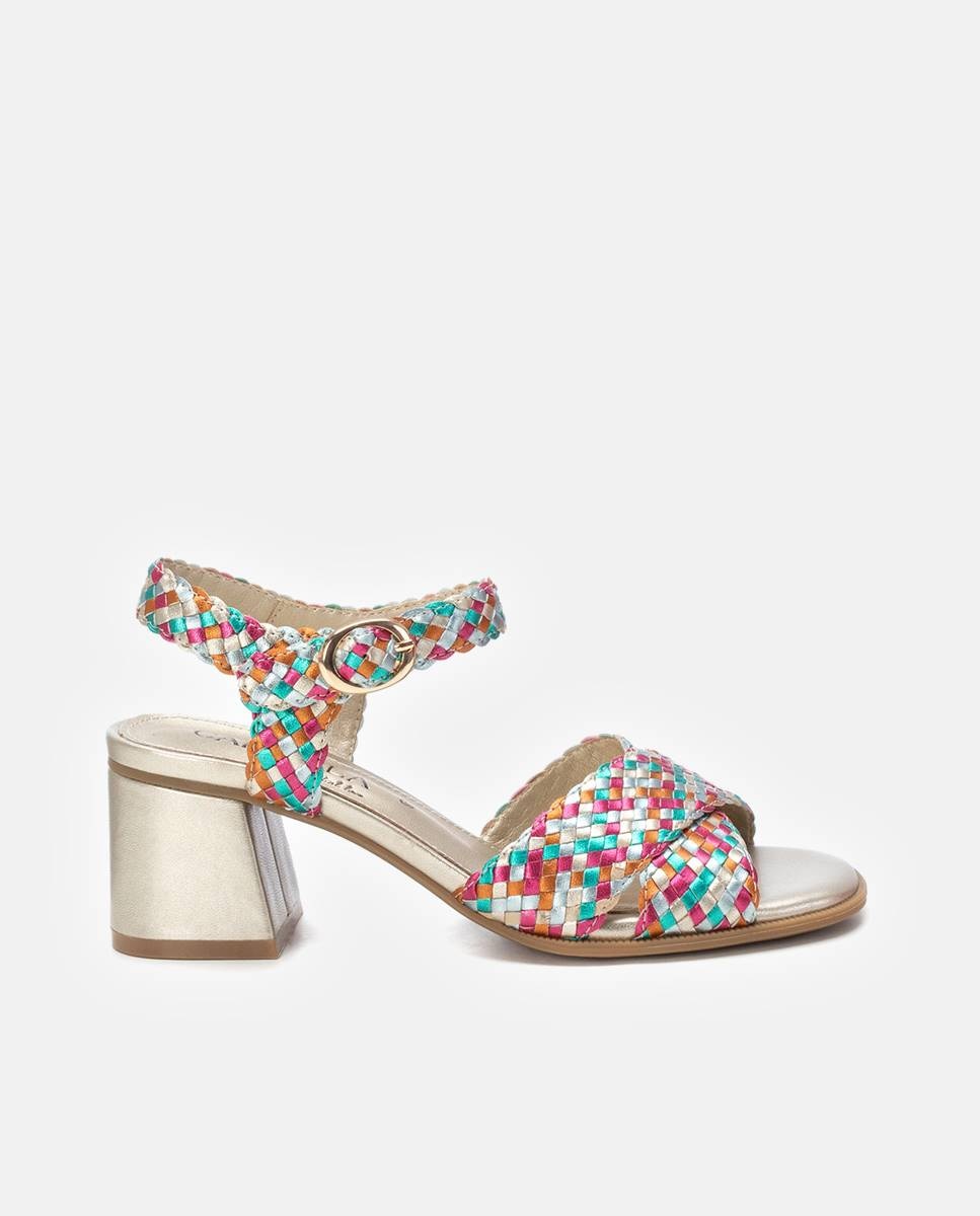 Sandalias de tacón de mujer de piel con cierre de hebilla - Carmela - Beige / Blanco Dorado-1