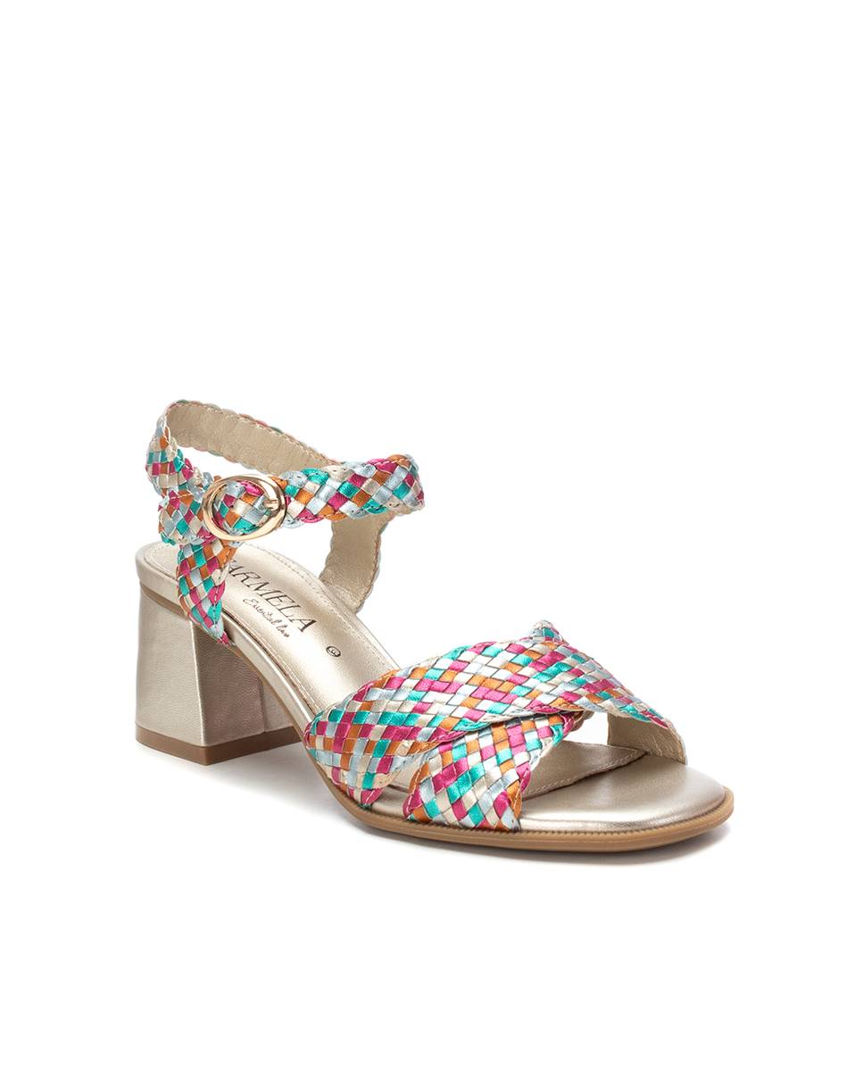 Sandalias de tacón de mujer de piel con cierre de hebilla - Carmela - Beige / Blanco Dorado-3