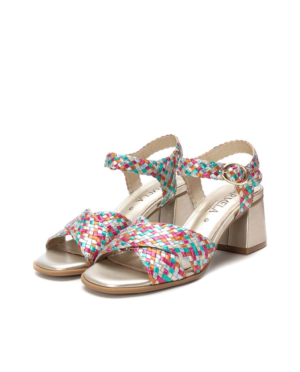 Sandalias de tacón de mujer de piel con cierre de hebilla - Carmela - Beige / Blanco Dorado-5