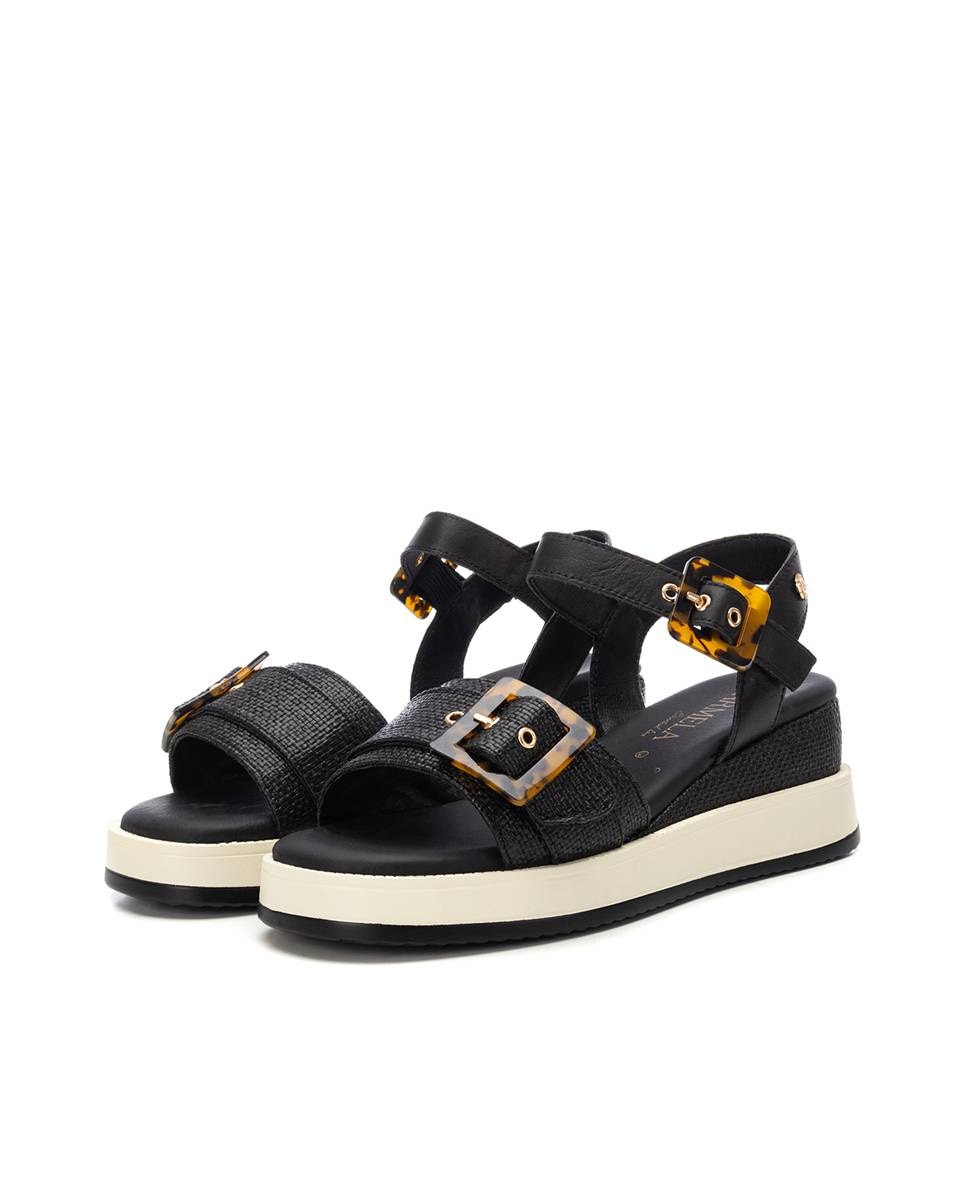 Sandalias con cuña de mujer de piel con cierre de hebilla - Carmela - Negro Negro-5