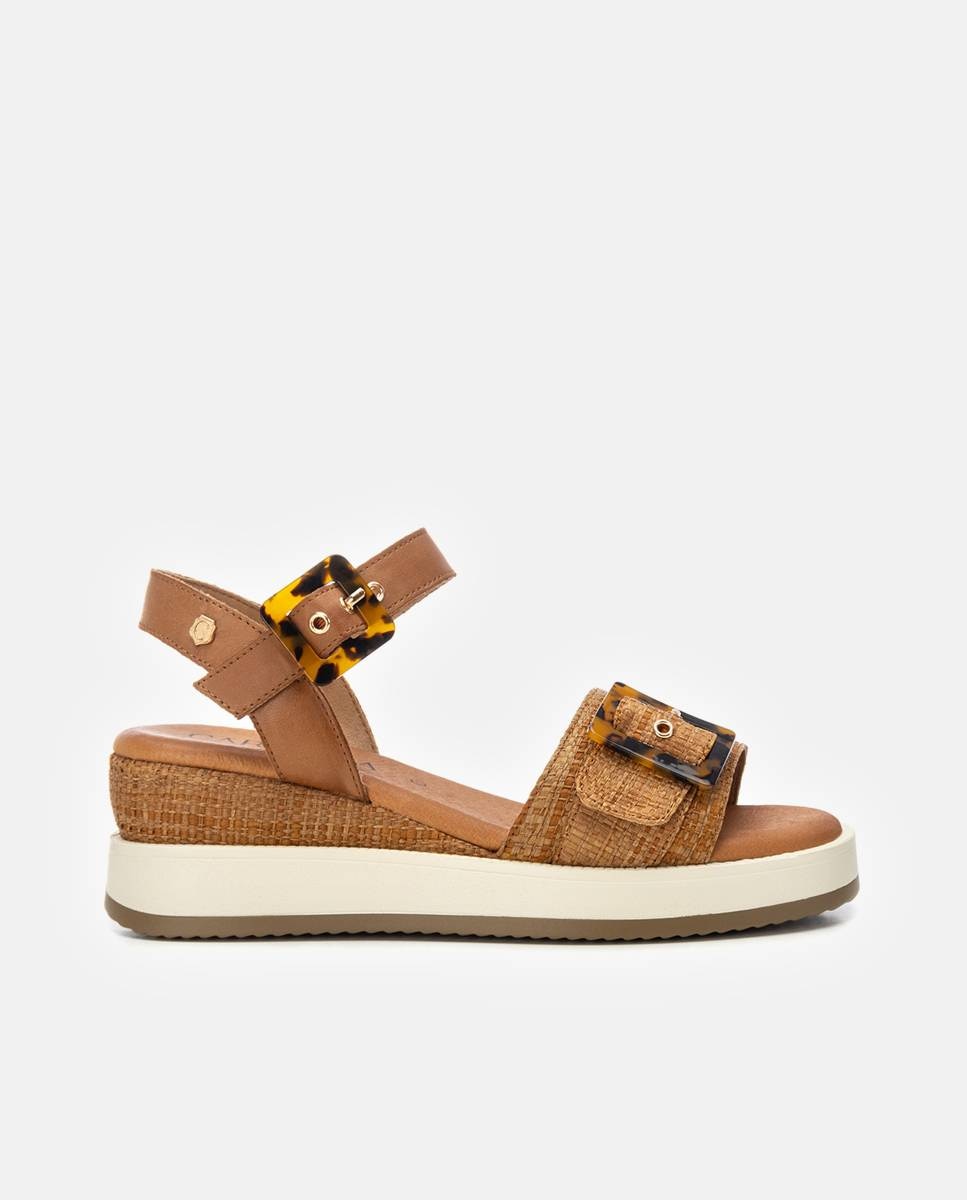 Sandalias con cuña de mujer de piel con cierre de hebilla - Carmela - Camel Camel-1