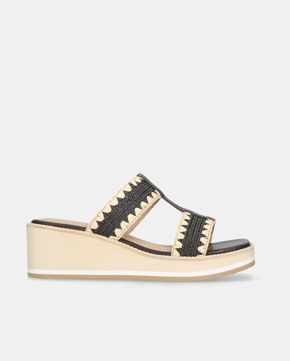 Sandalias de cuña ariana de mujer en piel y rafia Negro Mascaró Negro-1