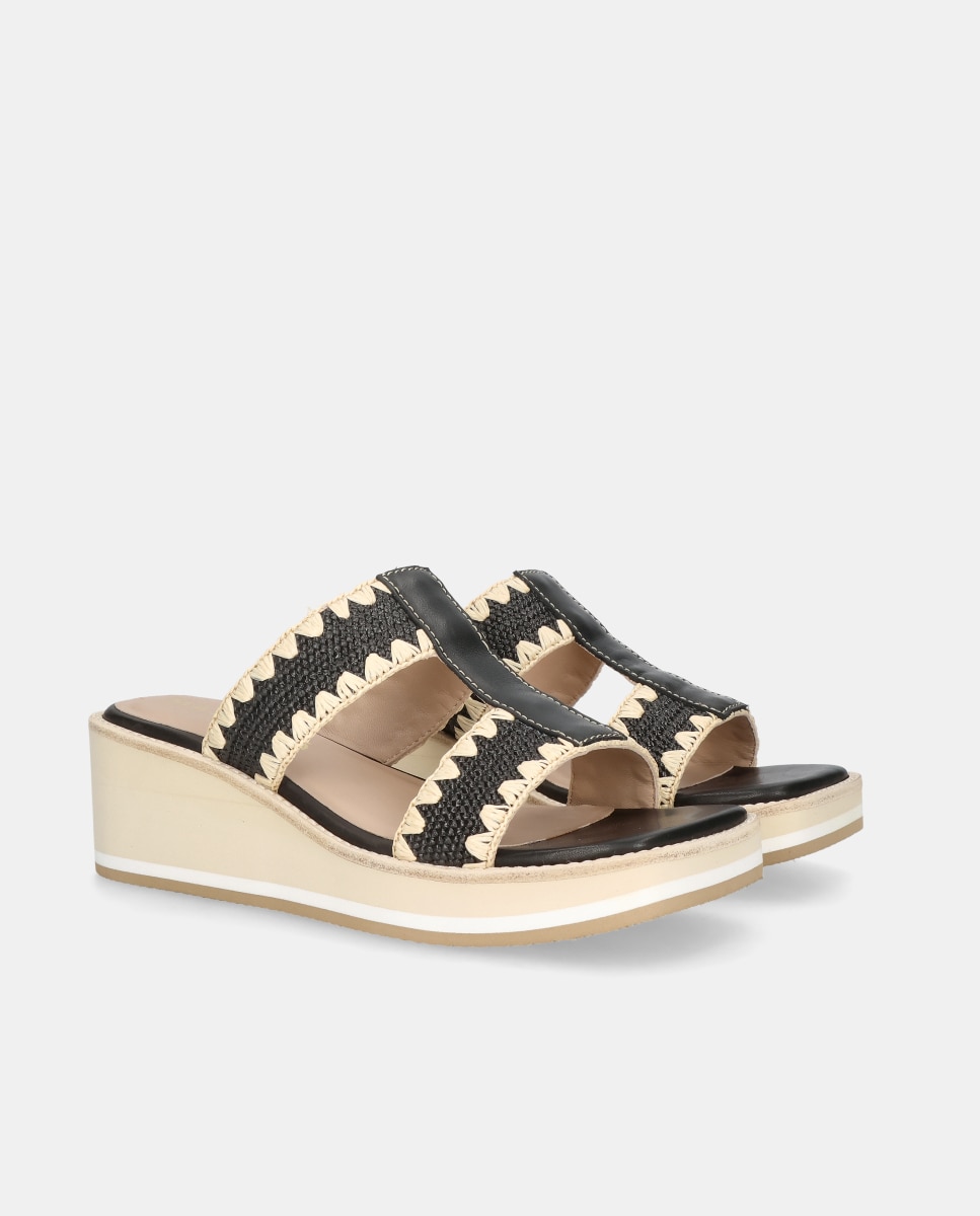 Sandalias de cuña ariana de mujer en piel y rafia Negro Mascaró Negro-3