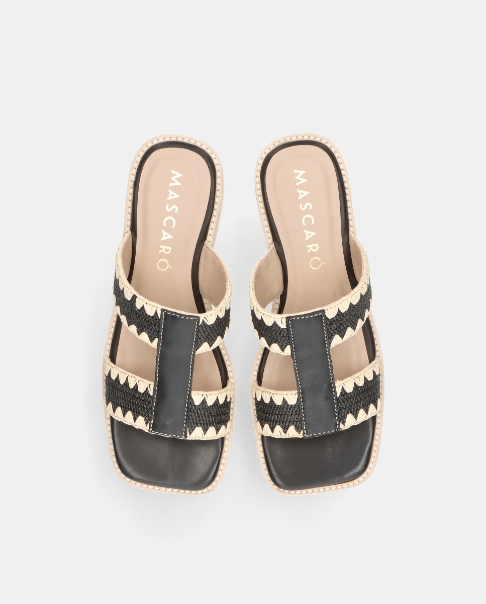 Sandalias de cuña ariana de mujer en piel y rafia Negro Mascaró Negro-2