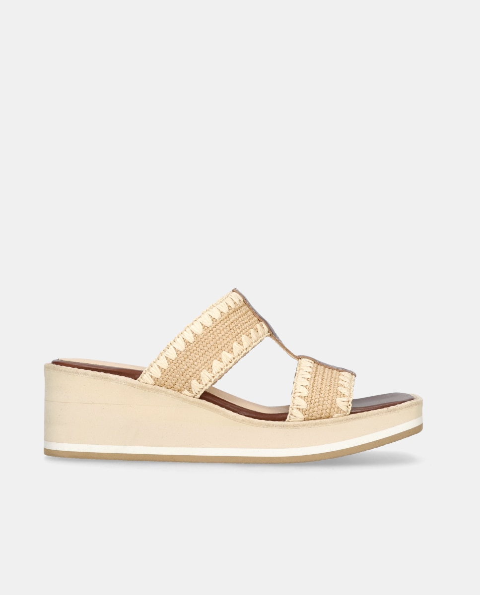 Sandalias de cuña ariana de mujer en piel y rafia Marrón Mascaró Marrón-1