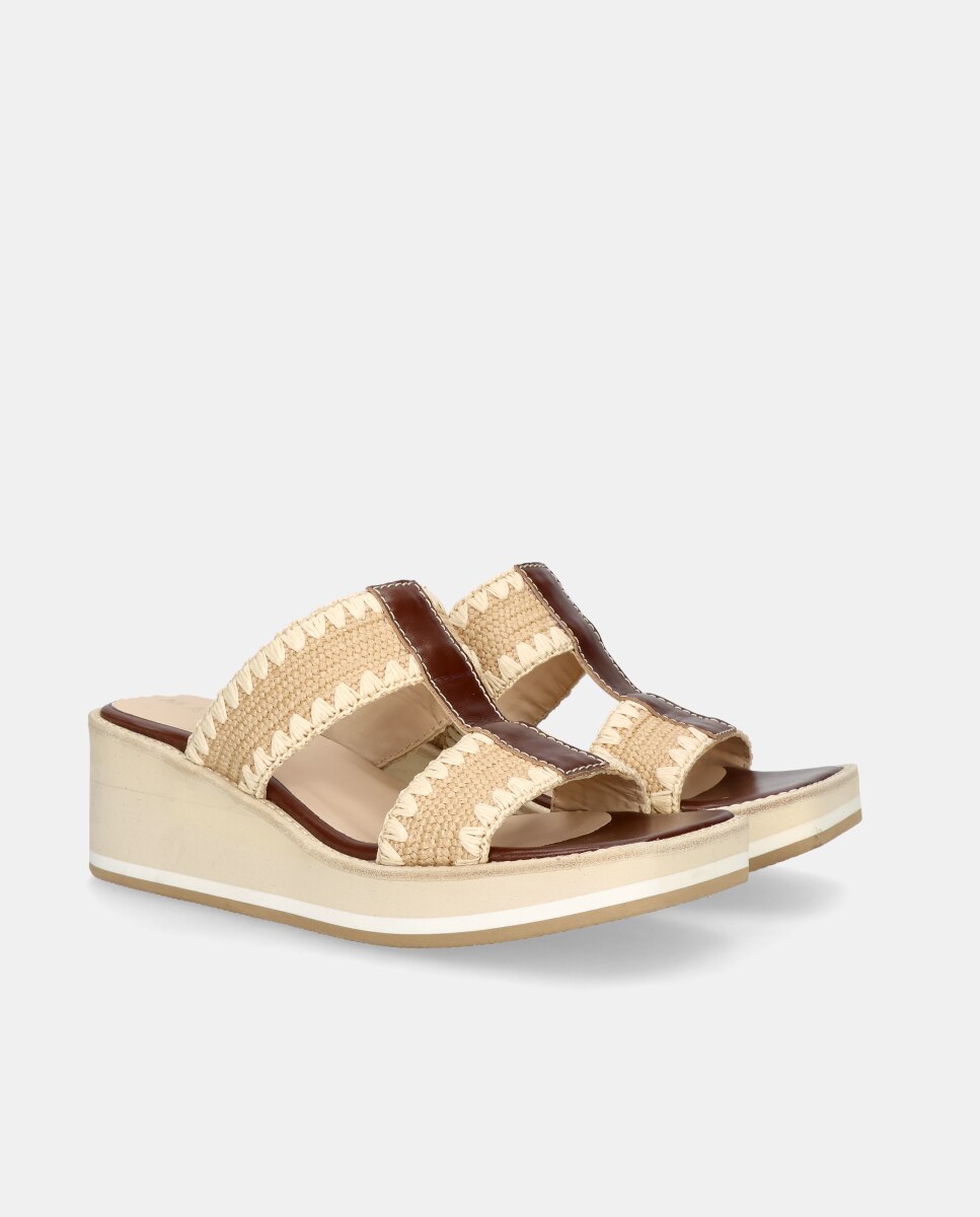 Sandalias de cuña ariana de mujer en piel y rafia Marrón Mascaró Marrón-3