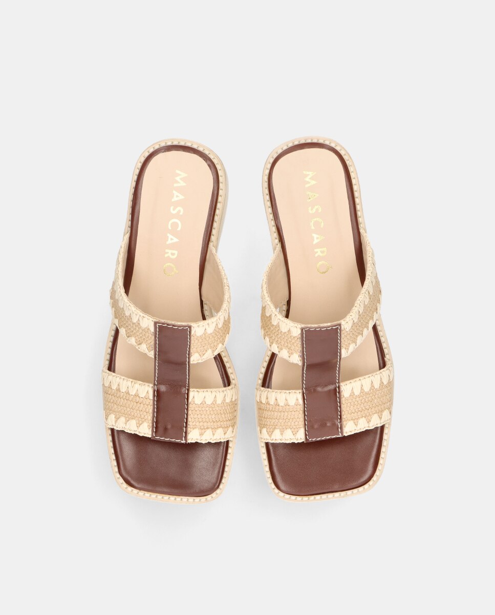 Sandalias de cuña ariana de mujer en piel y rafia Marrón Mascaró Marrón-2