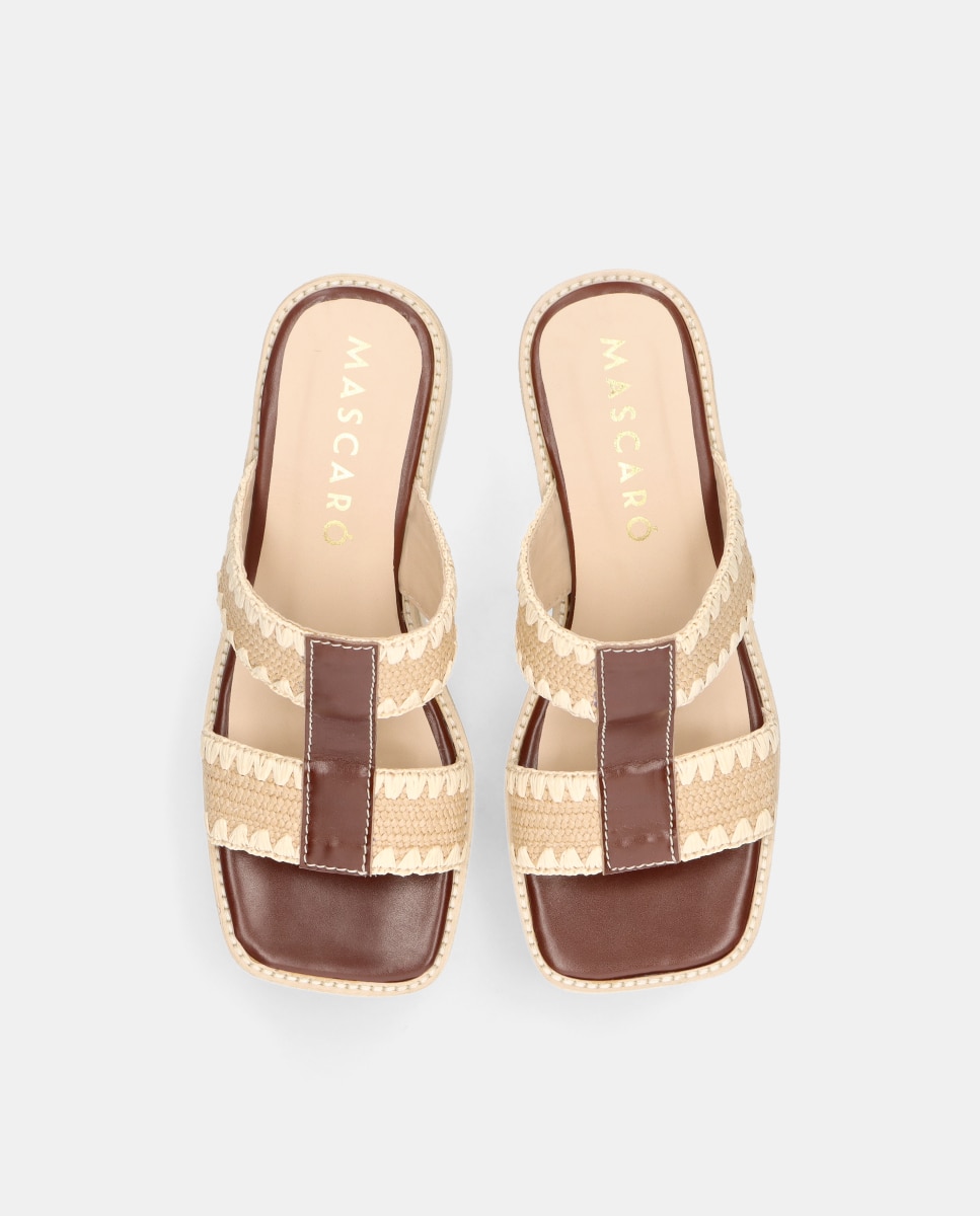 Sandalias de cuña Ariana de mujer en piel y rafia - Mascaró - Marrón Marrón-2