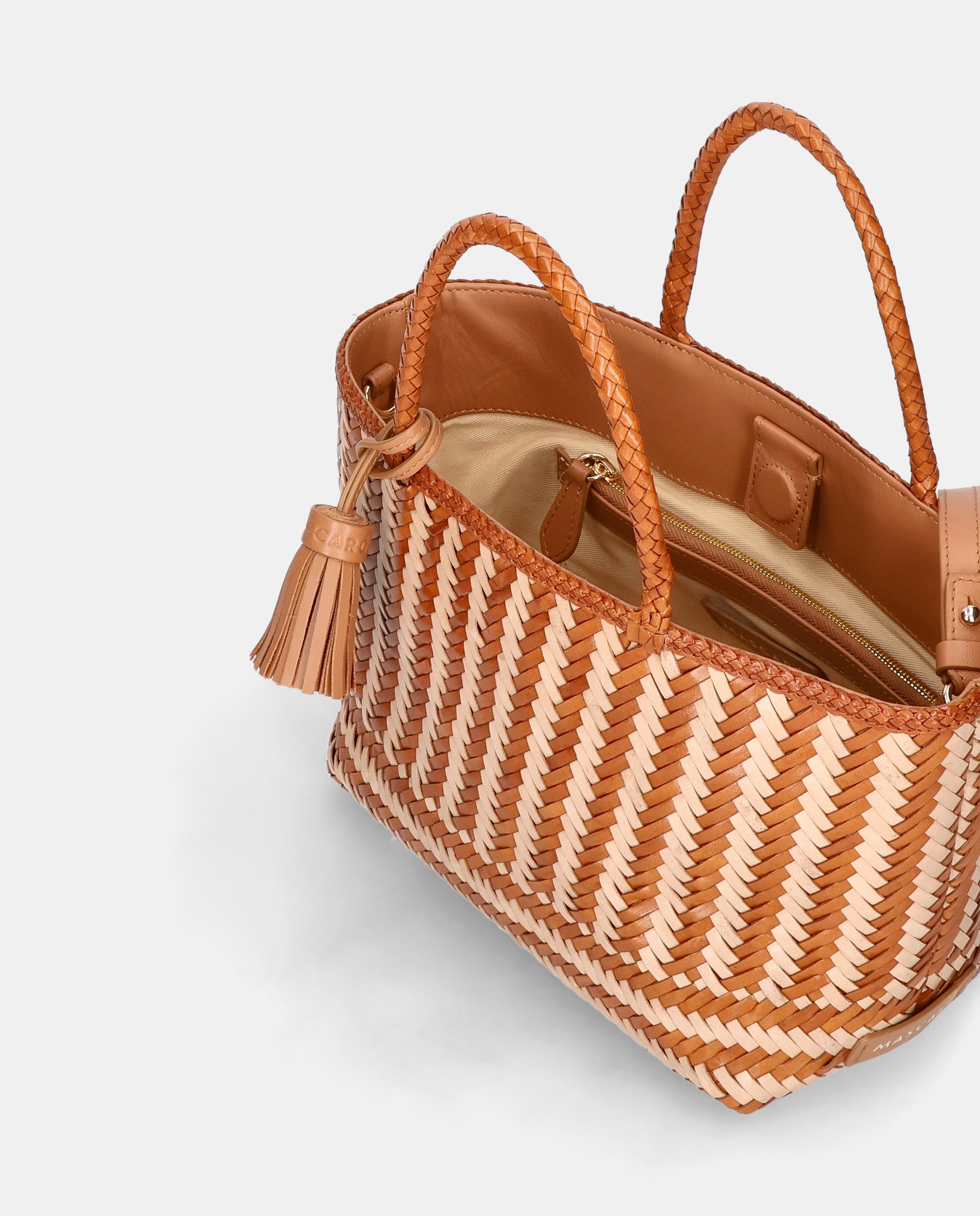 Bolso tote woven en piel entrelazada con asa y borla decorativa - Mascaró - Marrón Marrón-2