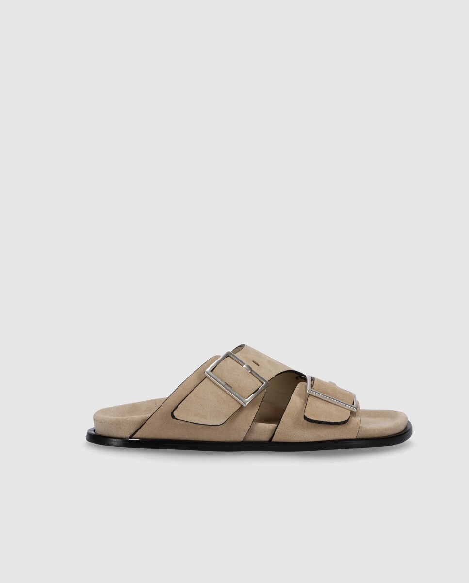 Sandalias planas de mujer de ante con dos tiras y hebillas