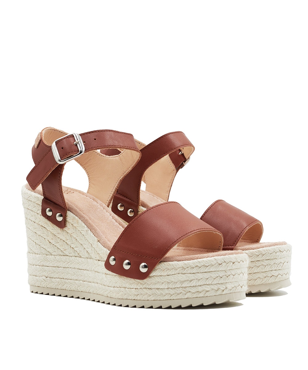 Sandalias de cuña de mujer en piel y yute - CASTELL MENORCA - Marrón Marrón-2