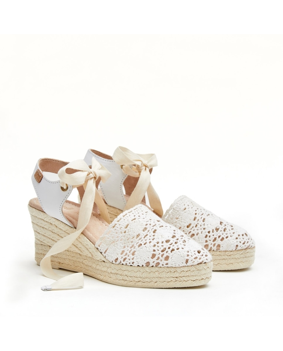 Sandalias de cuña de mujer de ganchillo - CASTELL MENORCA - Beige / Blanco Beige / Blanco-3