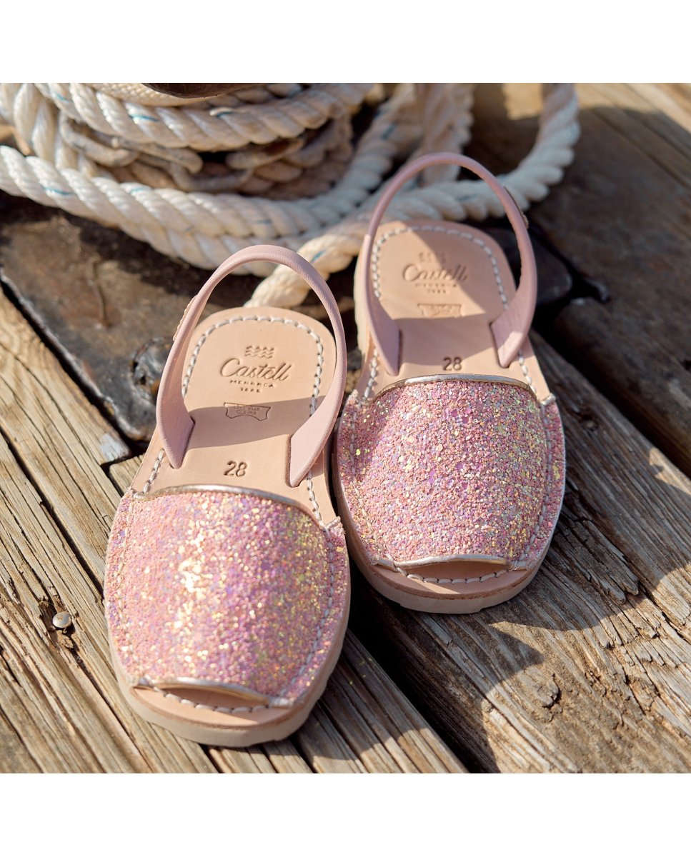 Menorquinas de niña en piel acabado glitter - CASTELL MENORCA - Rosa Rosa-5