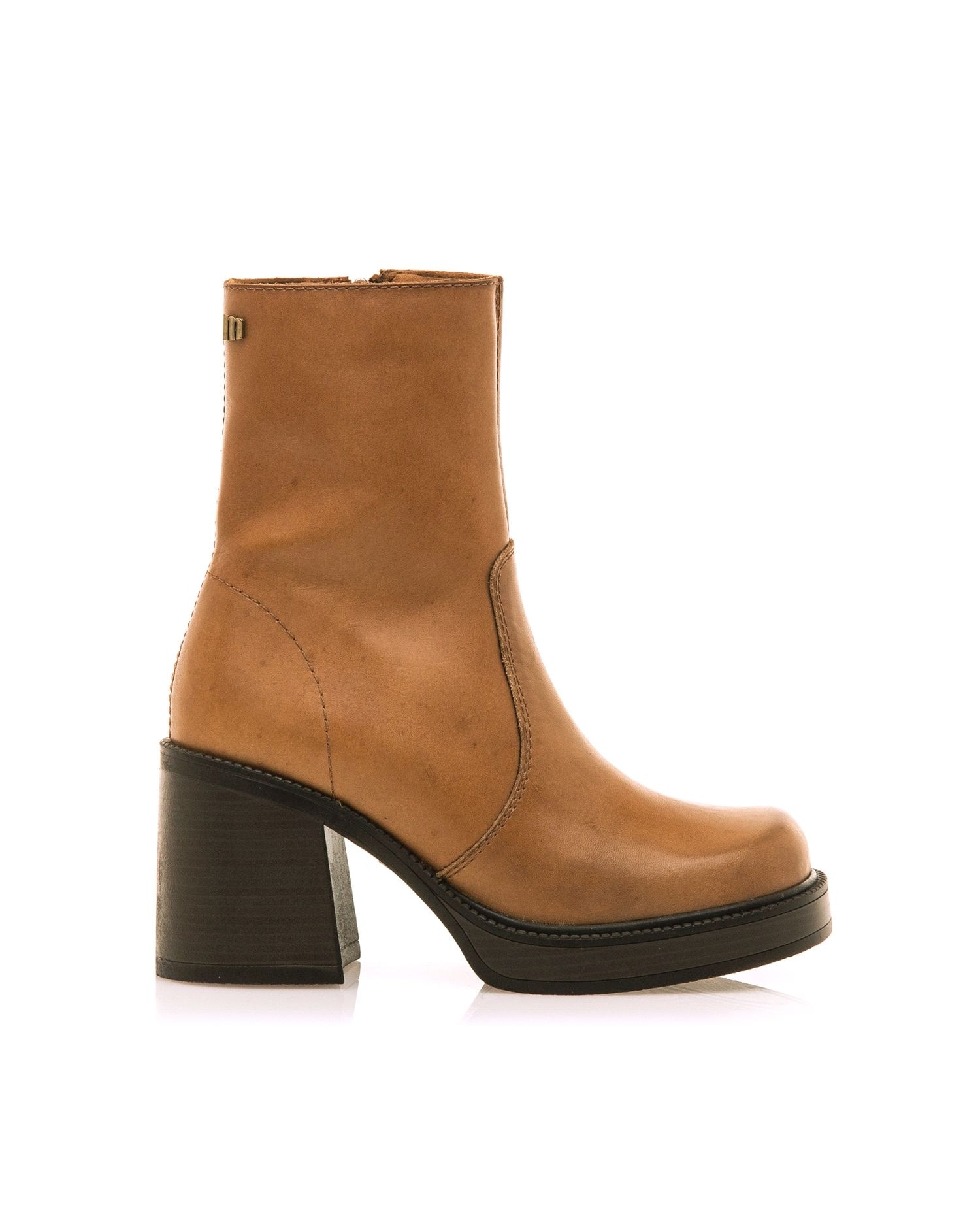 Botines básicos de tacón de mujer en piel con piso grueso - Mustang - Camel Camel-1