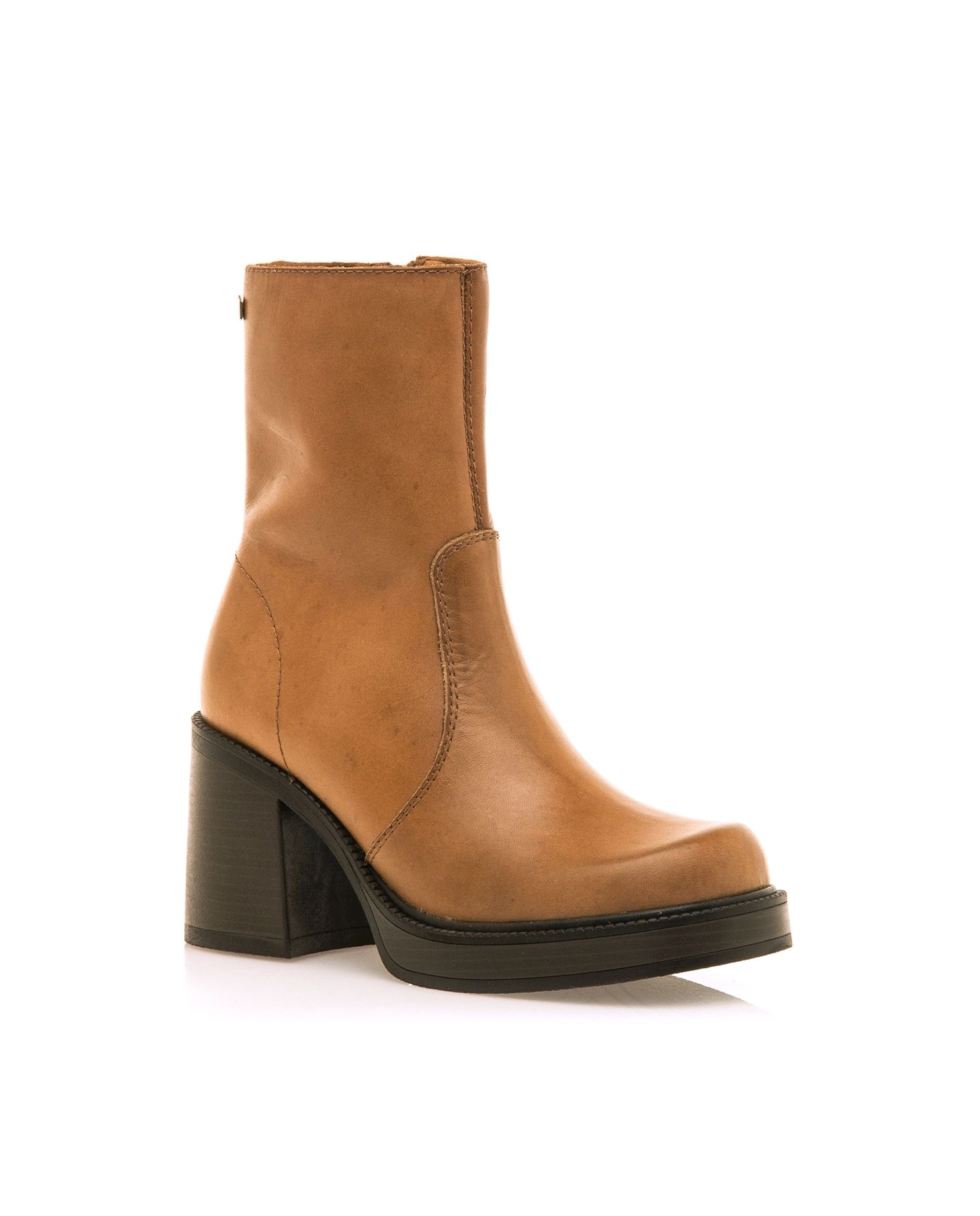 Botines básicos de tacón de mujer en piel con piso grueso - Mustang - Camel Camel-3