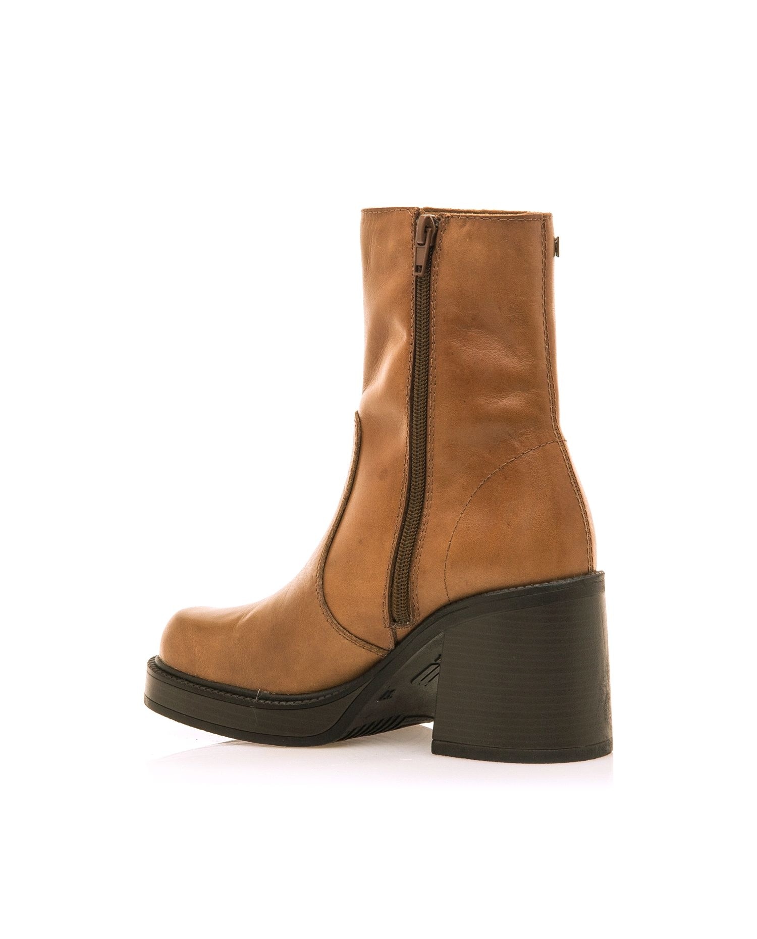 Botines básicos de tacón de mujer en piel con piso grueso - Mustang - Camel Camel-4