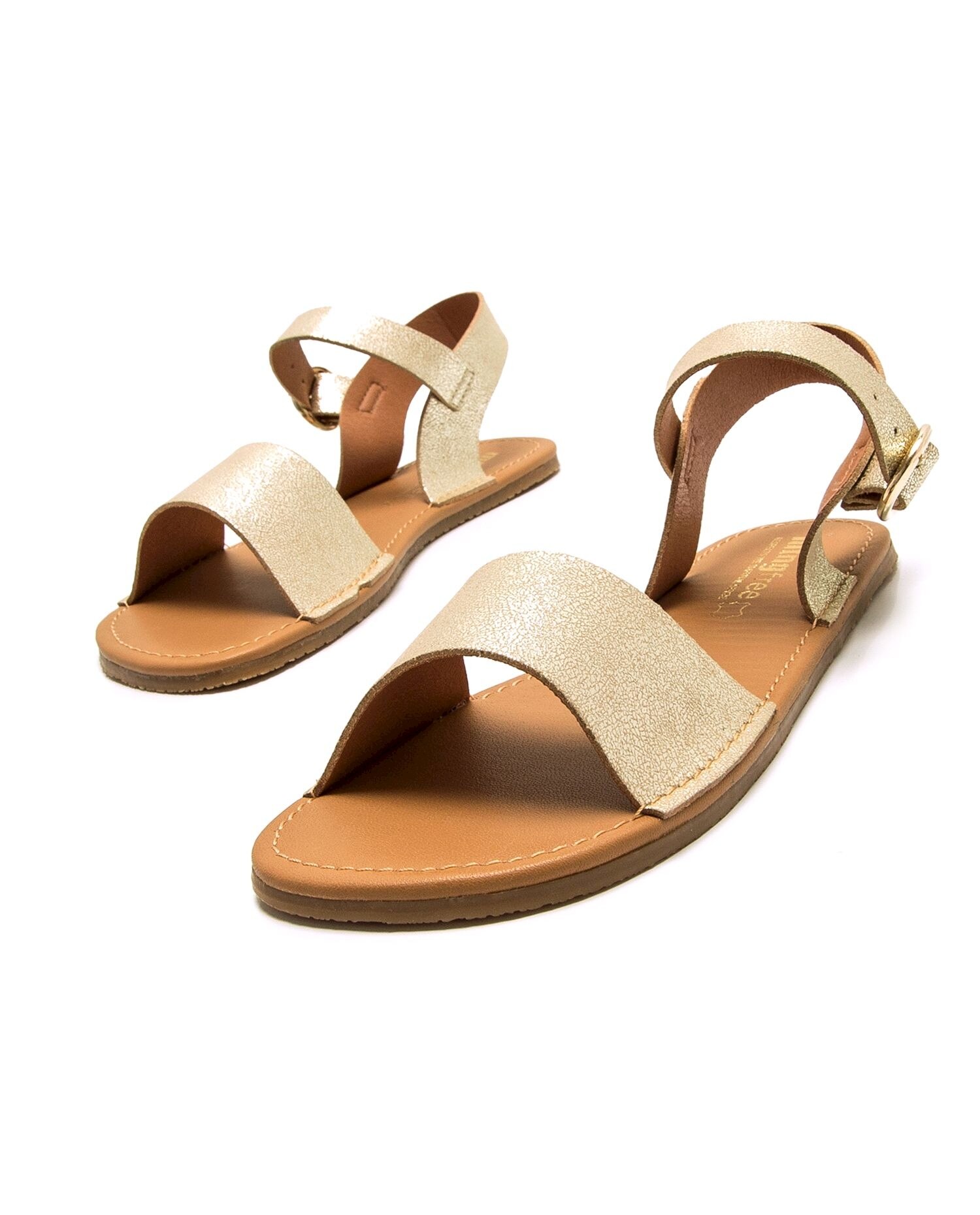 Sandalias planas de mujer en piel de serraje con piso barefoot - Mustang - Beige Dorado-3