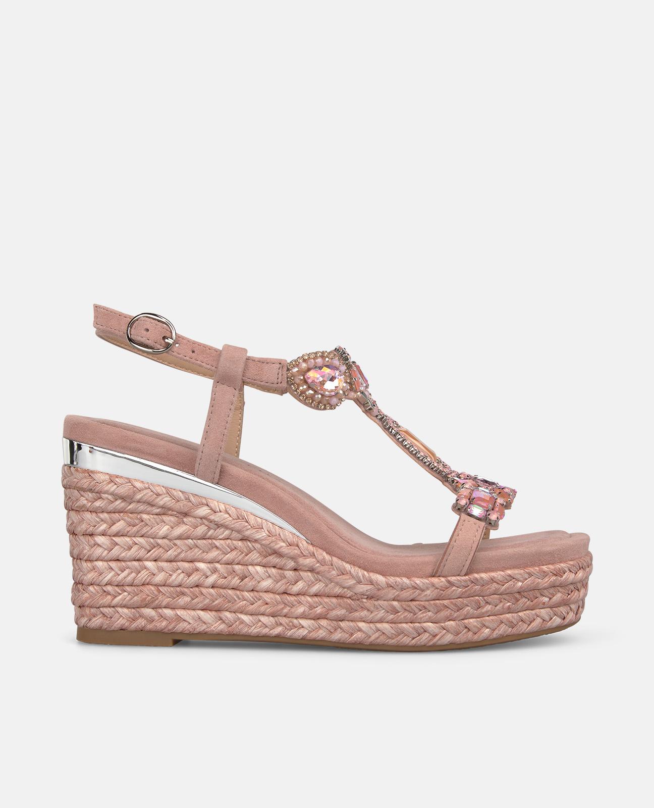 Sandalias de cuña de mujer de esparto en piel con tira en T en pedreria - Rosa claro Rosa claro-1