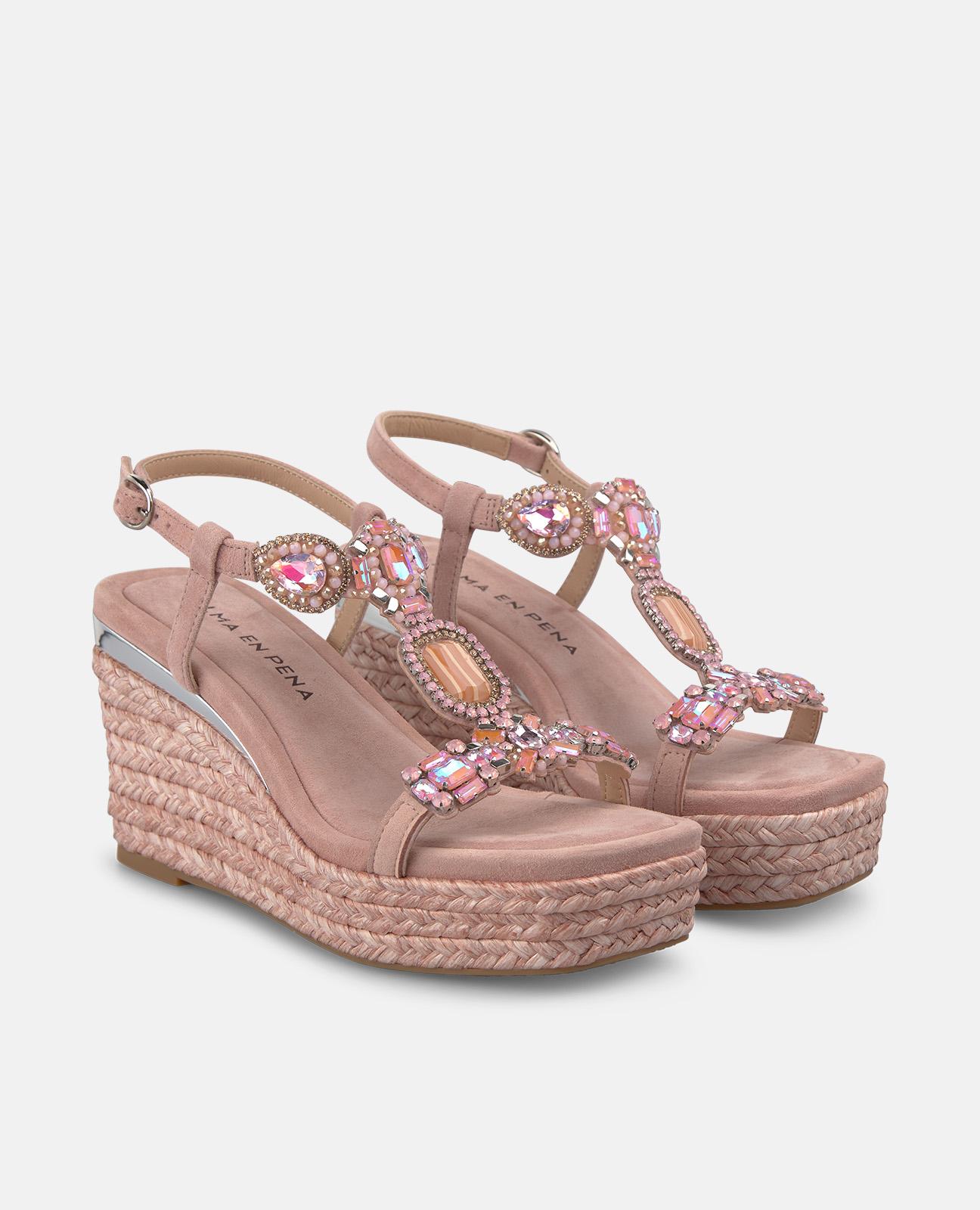 Sandalias de cuña de mujer de esparto en piel con tira en T en pedreria - Rosa claro Rosa claro-4