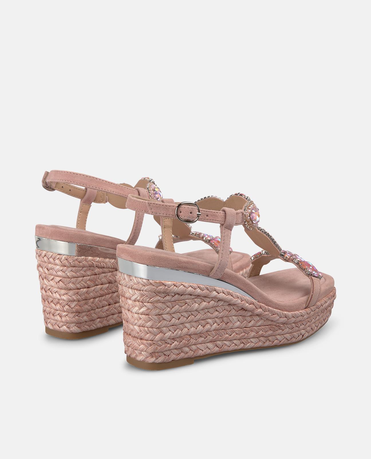 Sandalias de cuña de mujer de esparto en piel con tira en T en pedreria - Rosa claro Rosa claro-3