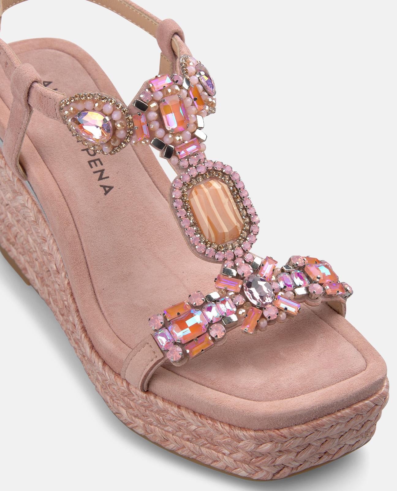 Sandalias de cuña de mujer de esparto en piel con tira en T en pedreria - Rosa claro Rosa claro-5