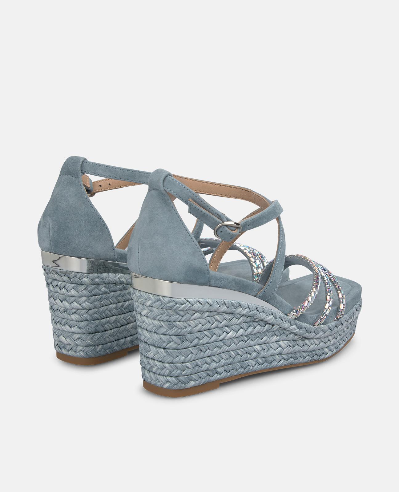 Sandalias de cuña de mujer de esparto en piel con tiras con transfer y cierre de hebilla - Azul claro Azul claro-3