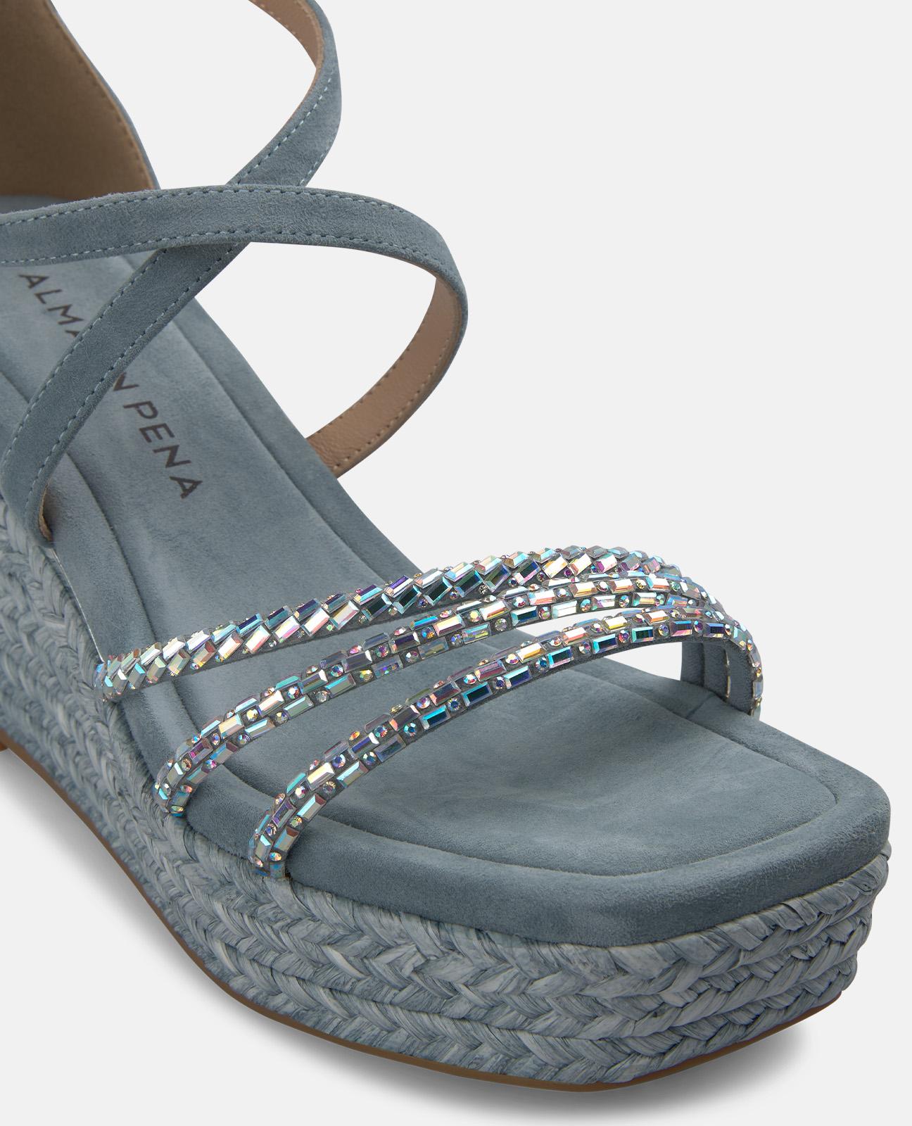 Sandalias de cuña de mujer de esparto en piel con tiras con transfer y cierre de hebilla - Azul claro Azul claro-5
